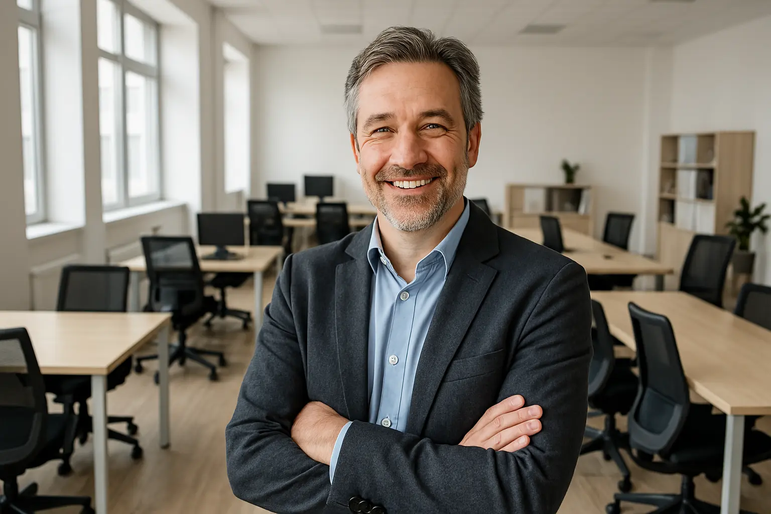 ein zufriedener Stammkunde von Expan Büromöbel mit Businesskleidung und Büromöbeln im Hintergrund 